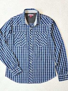 Raw Edge Men's Plaid Western-style Shirt Long Sleeve Pearl Snap Blue Cotton XL